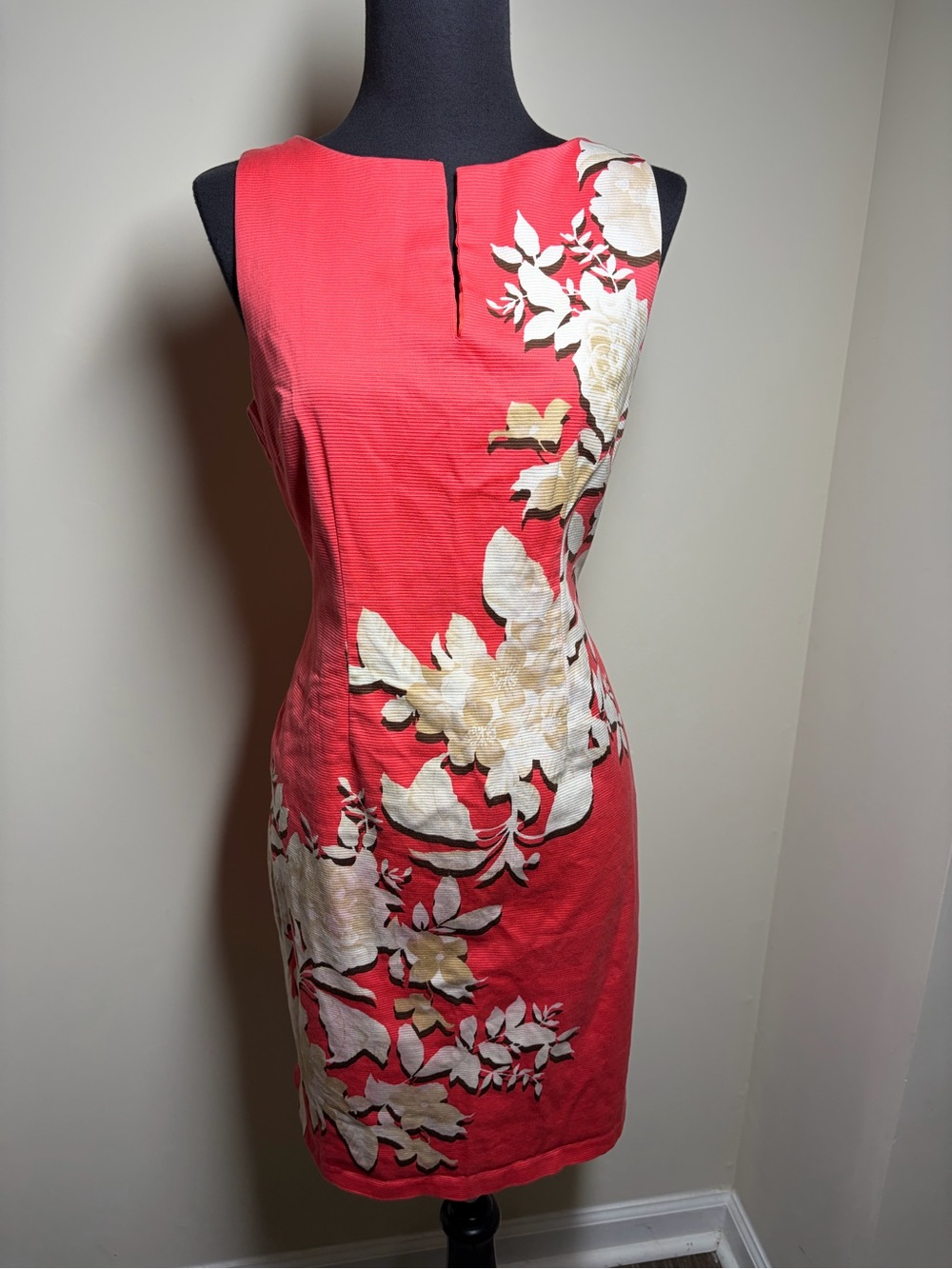 Chetta B Coral Midi Dress with Cream Floral Embroidery